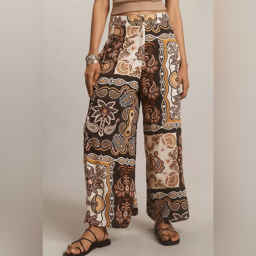 NWT FARM Rio x Anthropologie Printed Wide Leg Pants Gold Brown Pink Size S